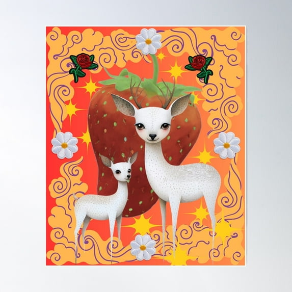 Strawberry Fawn Fantasy - Whimsical Nature Art Poster Wall Art, Modern Wall Decor For Living Room Bedroom, 8x12 UNFRAMED
