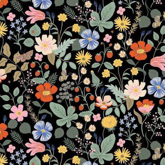Strawberry Fields Black cotton fabric Rifle Paper Co., Sold by the Quarter Yard
