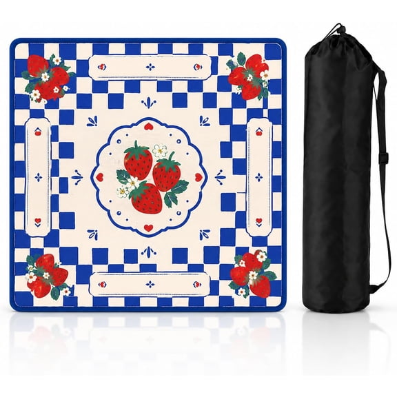 Strawberry Fields Mahjong Mat – Blue Gingham Tabletop Game Mat with Strawberry Artwork, Non-Slip Waterproof Surface for Mahjong, Card Games, Board Games & Puzzles