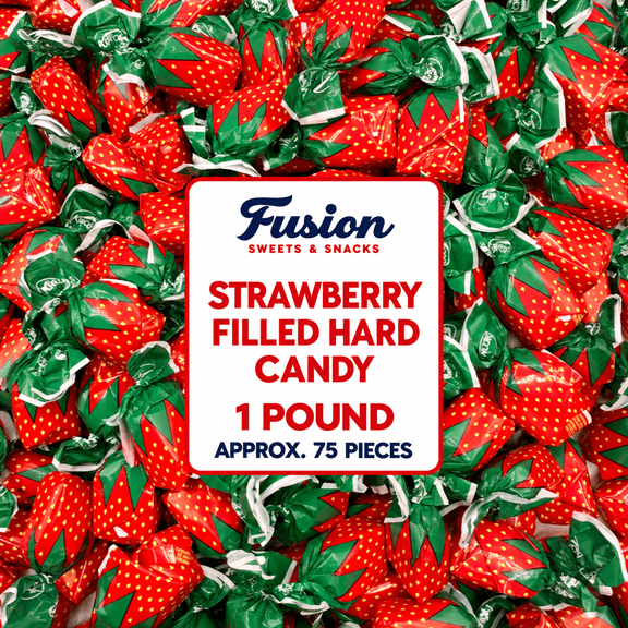 Strawberry Filled Hard Candy, Individually Wrapped, 1lb, Gluten-Free | Approx. 75 Pieces of Real Fruit Pulp Strawberry Candy with Sweet Flavor, Heat-Sealed Bag for Easy Serving and Storage