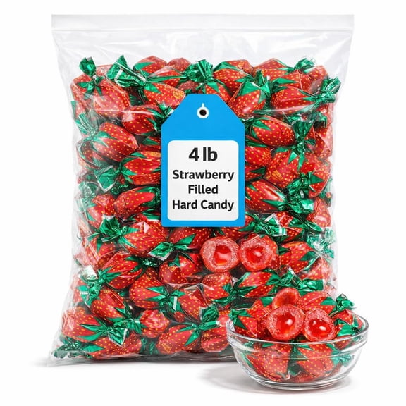 Strawberry Filled Hard Candy 4 lb Bulk Bag, Sweet Strawberry Liquid Center Candy for Snacking & Candy Bowls