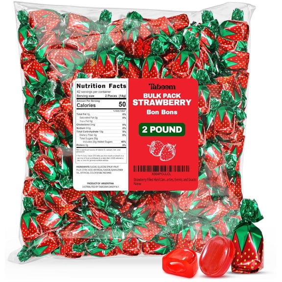 Taboom Strawberry Candy Strawberry Hard Candy Bon Bons Bulk Pack, Fruit-Filled Individually Wrapped Classic Treats for Parties & Snacks, 2 Lbs