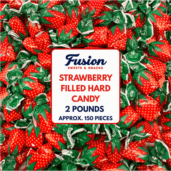 Strawberry Filled Hard Candy, Individually Wrapped, 2lb, Gluten-Free | Approx. 150 Pieces of Real Fruit Pulp Strawberry Candy with Sweet Flavor, Heat-Sealed Bag for Easy Serving and Storage