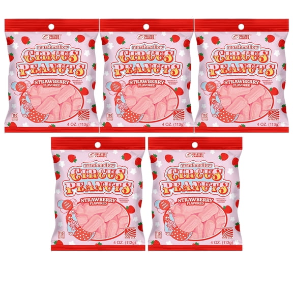 Strawberry-Flavored Circus Peanut Candies, Chewy Candy, 4 oz Bags, 5-Count Pack, for Party Favors, Snacking, Gift Baskets, Stocking Stuffers, and Goodie Bag Fillers