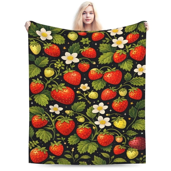 Strawberry Floral Blanket Farmhouse Kitchen Decor Valentines Day Summer Christmas Holiday Gift Soft Cozy Fleece Throw Blanket 50x40