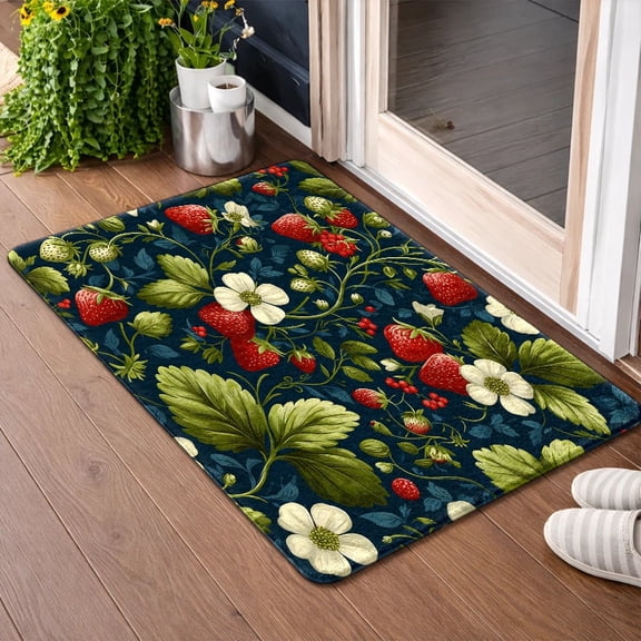 Strawberry Floral Doormat Non-Slip Rubber Back Washable Indoor Outdoor Rug for Entryway Kitchen Bathroom Porch Patio