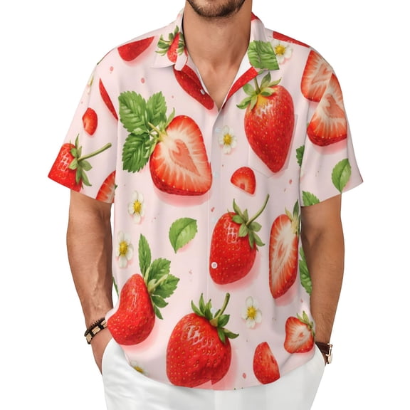 Strawberry Floral Men's Shirts Short-Sleeved with All-Over Prints Button-Up Shirts