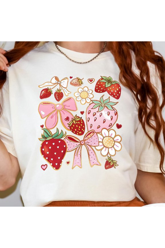 Strawberry Floral Shirt Cute Bow Graphic Tee Cottagecore Aesthetic Soft Summer Fruit Shirt