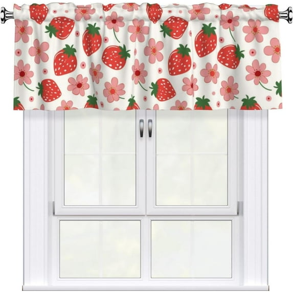 Strawberry Floral Valance Curtain, Red Berry and Flower Pattern Drapes Short Window Curtains for Kitchen, Bedroom, Bathroom, Living Room, Home Decor 54 x 18 Inch