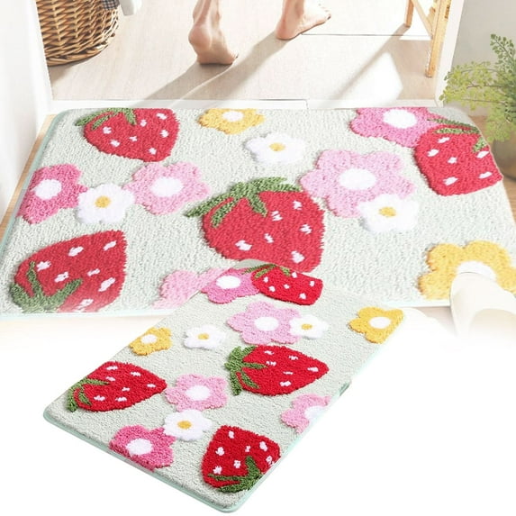 Strawberry Flower Bath Mat - Soft Pink Microfiber Bathroom Rug with Non-Slip Backing, Super Absorbent Machine Washable Carpet for Shower Tub Vanity (Floral Design)