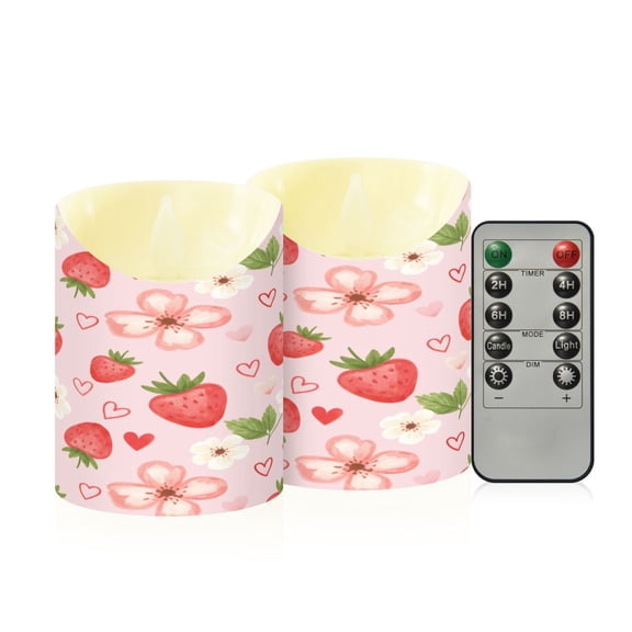 Strawberry Flower Love Flameless Candles 2 PCS with Remote Realistic Moving Flame LED Tapered Pillar Set for Home Decor
