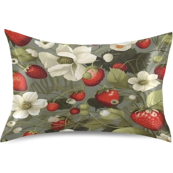 Strawberry Flower Pattern Satin Pillowcase for Hair and Skin Silk Pillowcase, Standard Size(20x26 inches) - Slip Cooling Satin Pillow Covers with Envelope Closure(598) Home Decor Gifts