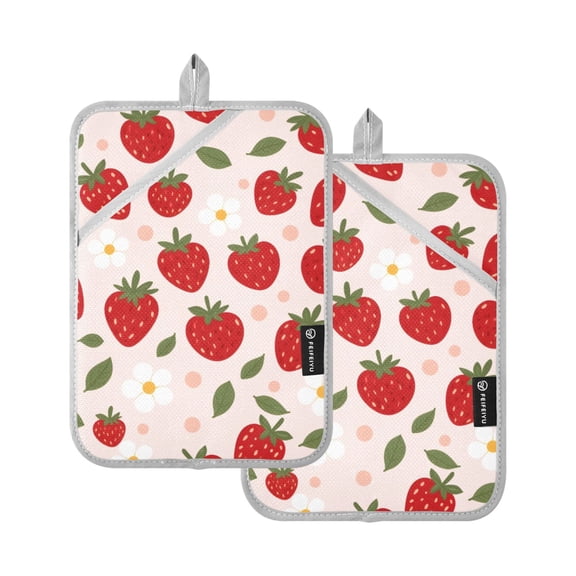 Strawberry Flower Polka Dots Pattern Pot Holder Set 2 Piece Non-Slip Oven Hot Pads Heat Resistant Durable 7x9.8in