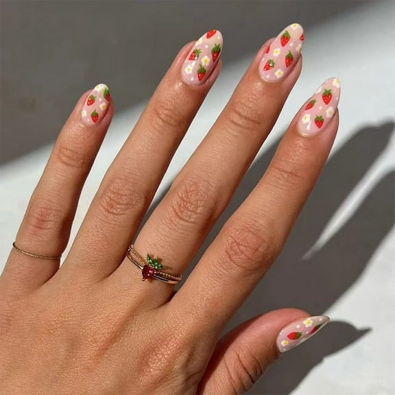 Strawberry Flower Press-On Nails Medium Almond False Nails with Cute White Daisy Flower Pattern Glossy Summer Strawberry Full Cover False Nails Women's Nail Art Decorations 24 pcs