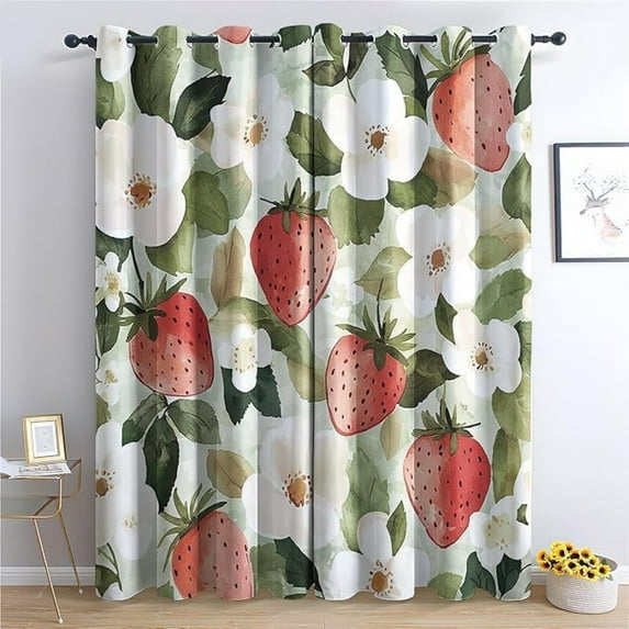 Strawberry Flowers Blackout Curtains, White Floral Fruit Curtains For Living Room, Bedroom, Watercolor Green Leaf Grommet Window Treatments Room Decor 42"W x 63"L