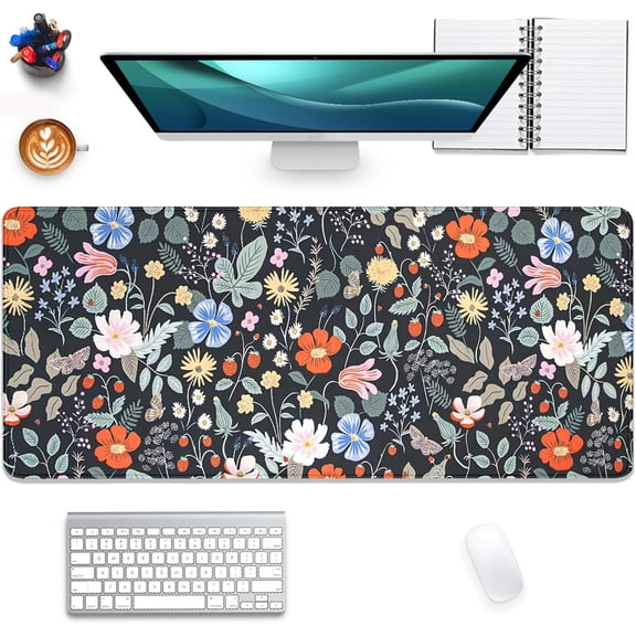 Strawberry Flowers Mouse Pad Desk Pad,Extended Gaming Mouse Mat with Stitched Edges Non-Slip Waterproof Rubber Base Mous Mat for Office,Computer,Keyboard,Laptop and Home Desk Pad(27.5X11.8 in)
