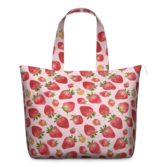 Strawberry Flowers Travel Tote - Cute Kawaii Print, Large Capacity Zippered Bag with Interior Pockets for Women & Moms