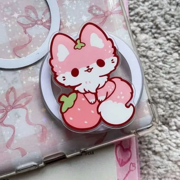 Strawberry Fox Phone Grip Kawaii Pink Fox Magnetic Kickstand for Phone & Sweet Gift for Her