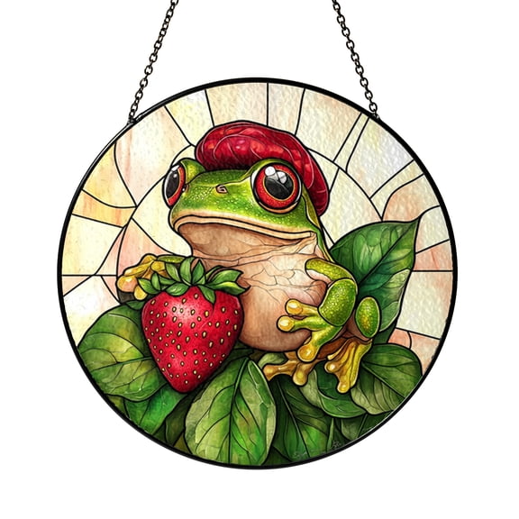 Strawberry Frog Stained Glass Style Acrylic Window Suncatcher Decor, Cute Decorative Hanging Panel Ornament for Garden Window Art and Nature Theme Home Decoration