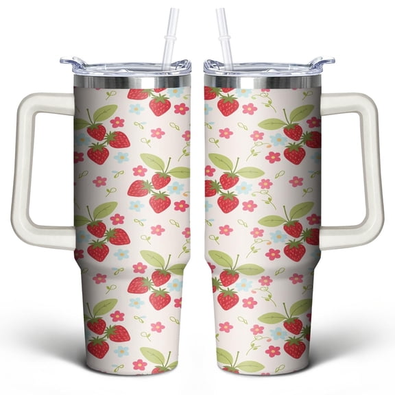 Strawberry Fruit 30 Oz Tumbler with Handle Lid and Straw, Stainless Steel Double Walled Vacuum Insulated Cup, Cute Anniversary Wedding Birthday Gifts Tumbler for Women Men Friends Outdoor Indoor