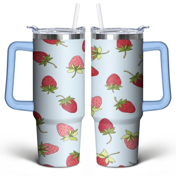 Strawberry Fruit 30 Oz Tumbler with Handle Lid and Straw, Stainless Steel Double Walled Vacuum Insulated Cup, Cute Anniversary Wedding Birthday Gifts Tumbler for Women Men Friends Outdoor Indoor