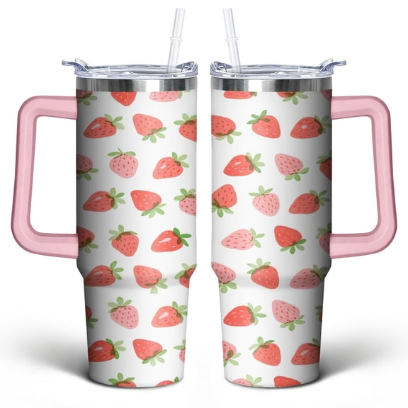 Strawberry Fruit 30 Oz Tumbler with Handle Lid and Straw, Stainless Steel Double Walled Vacuum Insulated Cup, Cute Anniversary Wedding Birthday Gifts Tumbler for Women Men Friends Outdoor Indoor