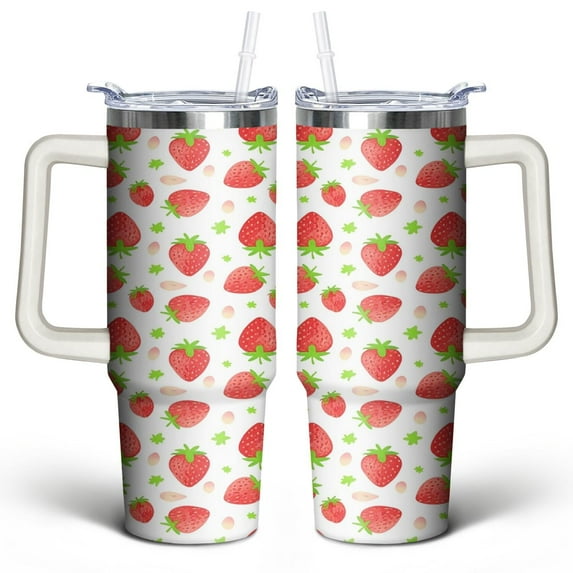 Strawberry Fruit 30 Oz Tumbler with Handle Lid and Straw, Stainless Steel Double Walled Vacuum Insulated Cup, Cute Anniversary Wedding Birthday Gifts Tumbler for Women Men Friends Outdoor Indoor