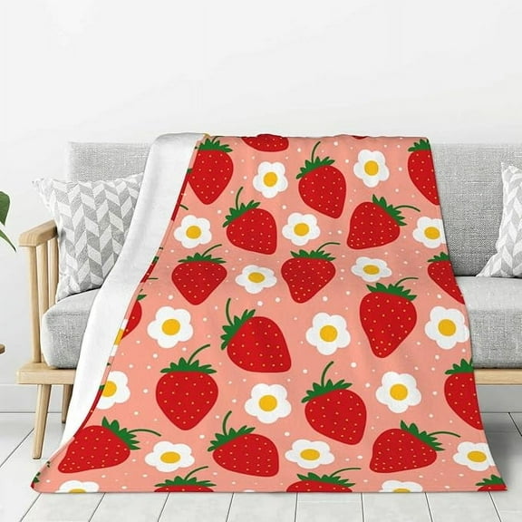 Strawberry Fruit And Flowers Fleece Blanket For Bed & Couch Large Super Soft Throw Blanket For Travel Home Lightweight Warm Fleece Blanket 40" x 50"