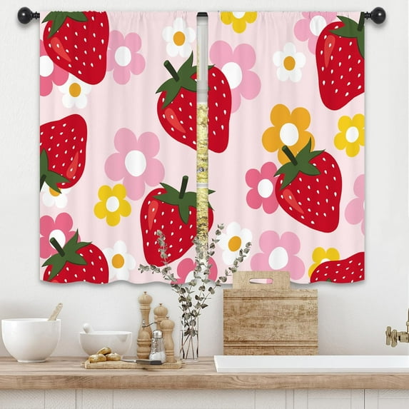 Strawberry Fruit Cute Kitchen Curtains 27.5W x 39L Inch Pink Red Y2K Groovy Funky Trendy Flower Rod Pocket Short Small Window Treatment Drapes Decor 2 Panels