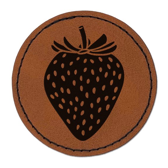 Strawberry Fruit Drawing 2.5" Faux Leather Round Engraved Iron-On Patch - Brown