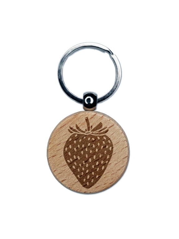 Strawberry Fruit Drawing Round Keychain Charm Tag - Engraved Wood