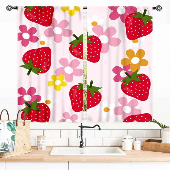 Strawberry Fruit Kitchen Curtains, 70S Cute Retro Floral Groovy Daisy Flower Summer Theme Small Short Window Drapes Treatments for Living Room Bedroom Bathroom 2 Panels, 55x39 Inch