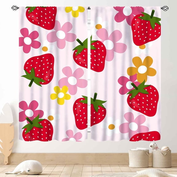 Strawberry Fruit Kitchen Curtains, 70S Cute Retro Floral Groovy Daisy Flower Summer Theme Window Drapes Treatments for Living Room Bedroom Bathroom 2 Panels, 42"x63" Inch