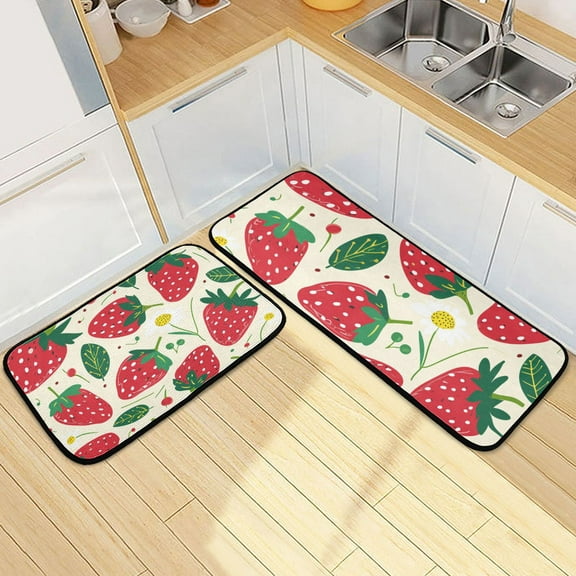 Strawberry Fruit Kitchen Rugs Set of 2 Non Slip Floor Foam Mat Cushioned Soft Waterproof Carpet Runner for Dining Room Laundry