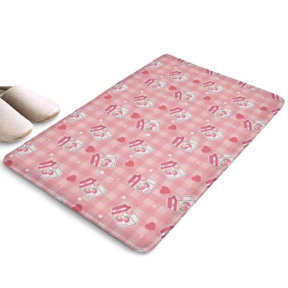 Strawberry Fruit Milk Box Checkered Flannel Non Slip Door Rugs,Washable Door Mats Indoor,Decorative Door Mats,Dirt-Resistant and Absorbent Doormat for Entrance,Bedroom,Kitchen,Bathroom,23.5"x16"