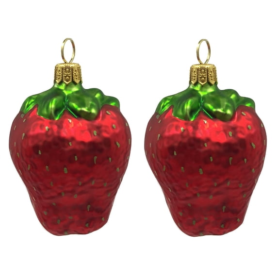 Strawberry Fruit Polish Glass Christmas Tree Ornament Food Decoration Set of 2