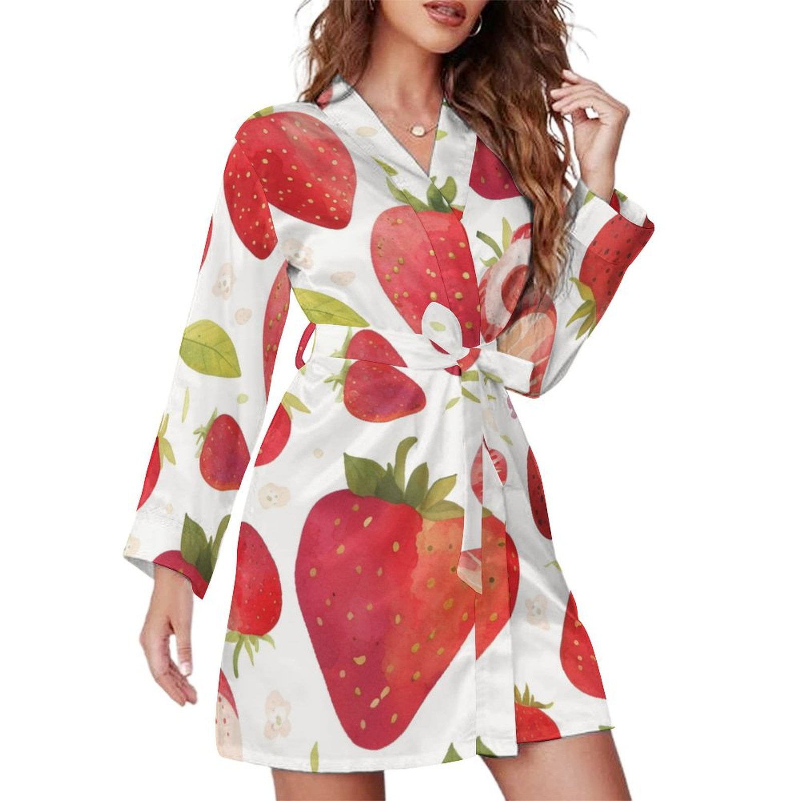 Strawberry Fruit Watercolor Night Robe Long Sleeve V Neck Robe With ...
