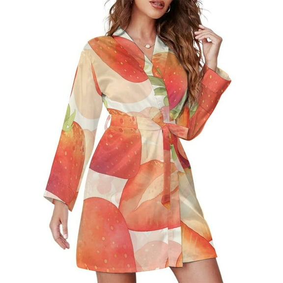 Strawberry Fruit Watercolor Night Robe Long Sleeve V Neck Robe With Belt Women's Sleepwear Dresses