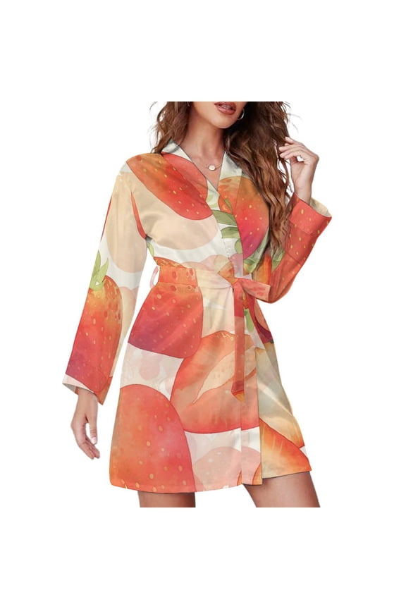 Strawberry Fruit Watercolor Night Robe Long Sleeve V Neck Robe With Belt Women's Sleepwear Dresses