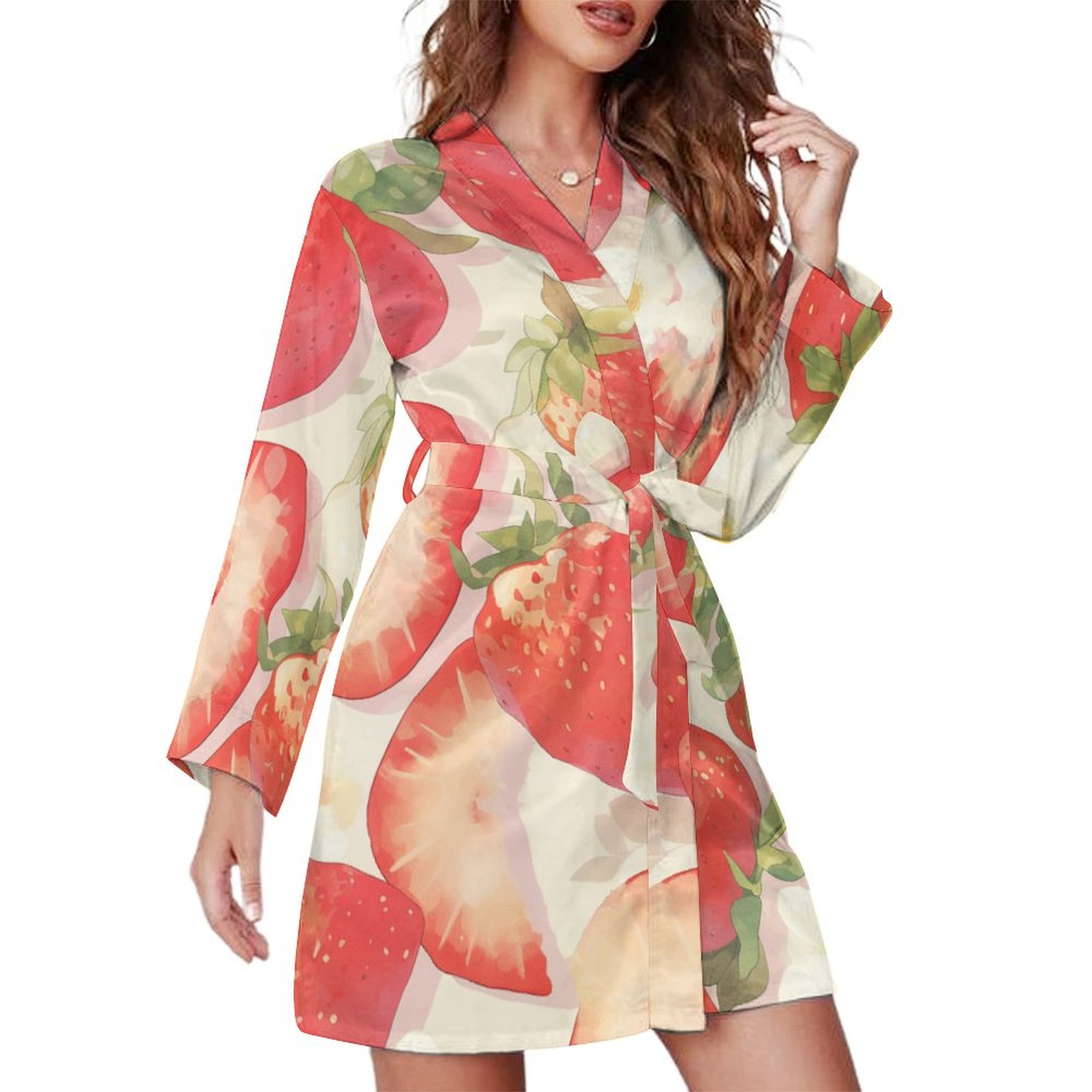 Straw Robe Strawberry Fruit Watercolor Night Robe Long Sleeve V Neck Robe With ...