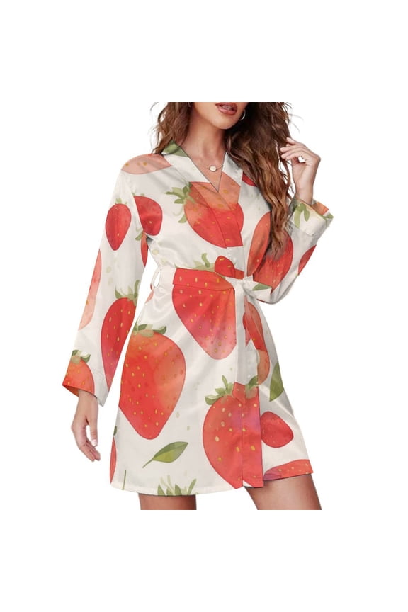 Strawberry Fruit Watercolor Night Robe Long Sleeve V Neck Robe With Belt Women's Sleepwear Dresses