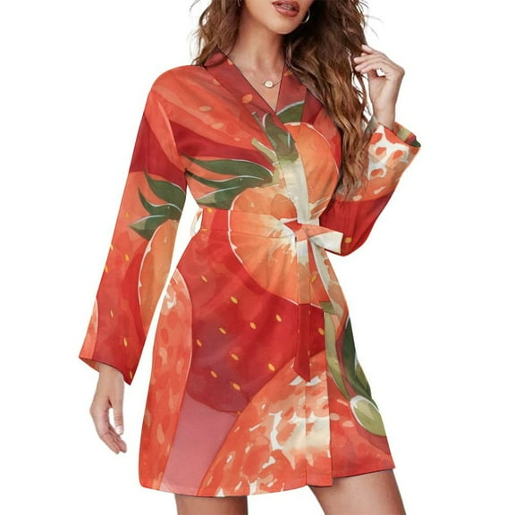 Strawberry Fruit Watercolor Night Robe Long Sleeve V Neck Robe With Belt Women's Sleepwear Dresses