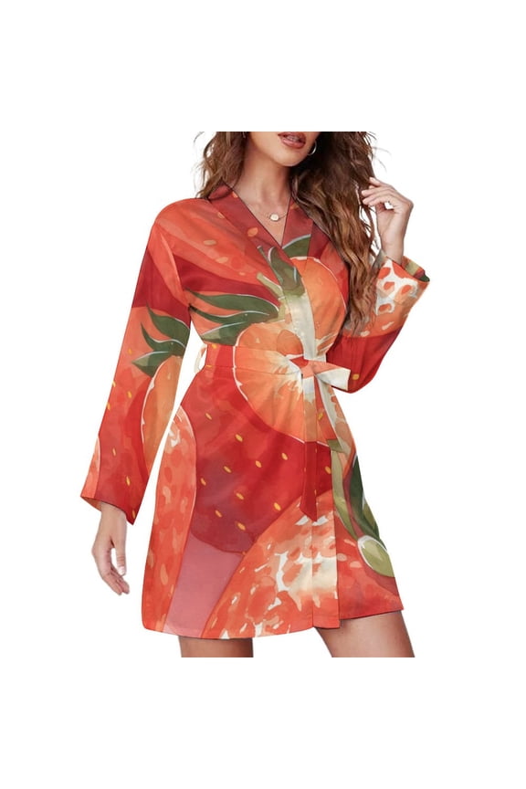 Strawberry Fruit Watercolor Night Robe Long Sleeve V Neck Robe With Belt Women's Sleepwear Dresses