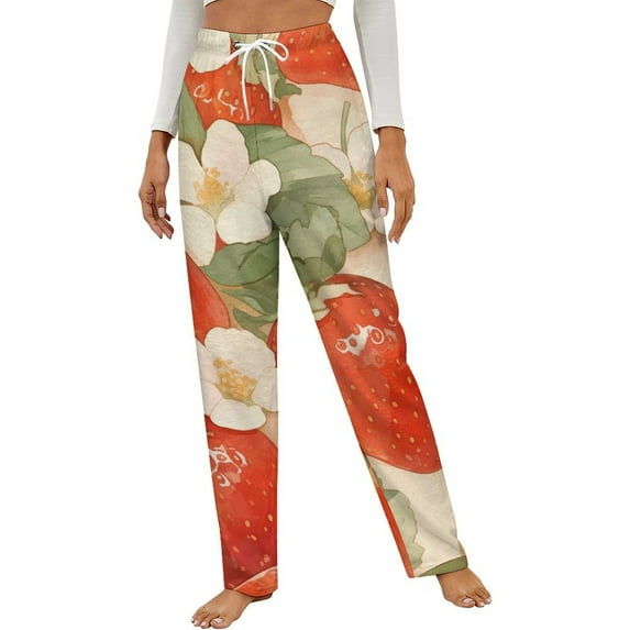 Strawberry Fruit Watercolor Winter Female Pants Flannel High Waist Women Pants Lady Warm Straight Leg Plush Trousers