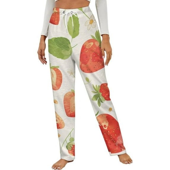 Strawberry Fruit Watercolor Winter Female Pants Flannel High Waist Women Pants Lady Warm Straight Leg Plush Trousers