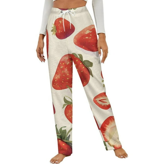 Strawberry Fruit Watercolor Winter Female Pants Flannel High Waist Women Pants Lady Warm Straight Leg Plush Trousers