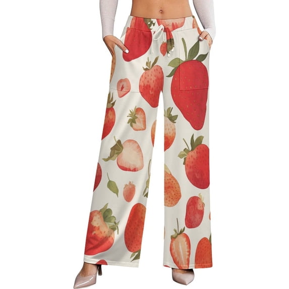 Strawberry Fruit Watercolor Women's Casual Wide Leg Pants Comfort Pockets Elastic Waist Loose Fit Pants