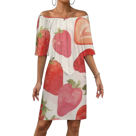 Strawberry Fruit Watercolor Women's Off The Shoulder Ruffles Summer Wedding Guest Loose Casual Party Beach Dress