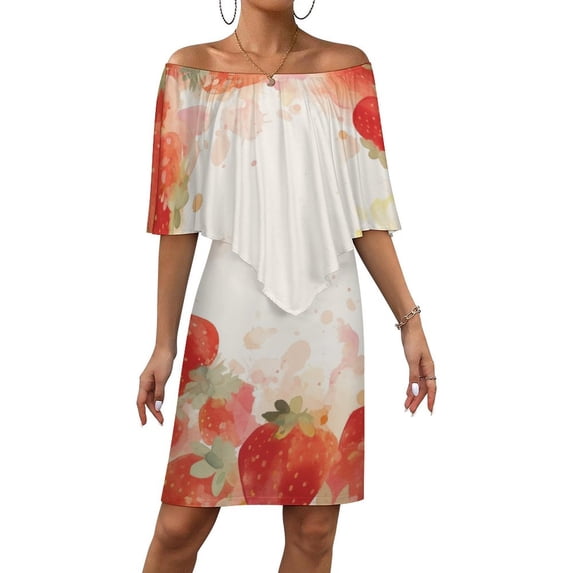 Strawberry Fruit Watercolor Women's Off The Shoulder Ruffles Summer Wedding Guest Loose Casual Party Beach Dress