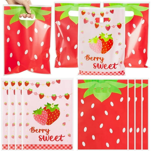 Nanaborn Strawberry Gifts Bags 50pcs Plastic Candy Goodies Bags with Handles for Birthday Party Christmas(9.84 X 6.3in)